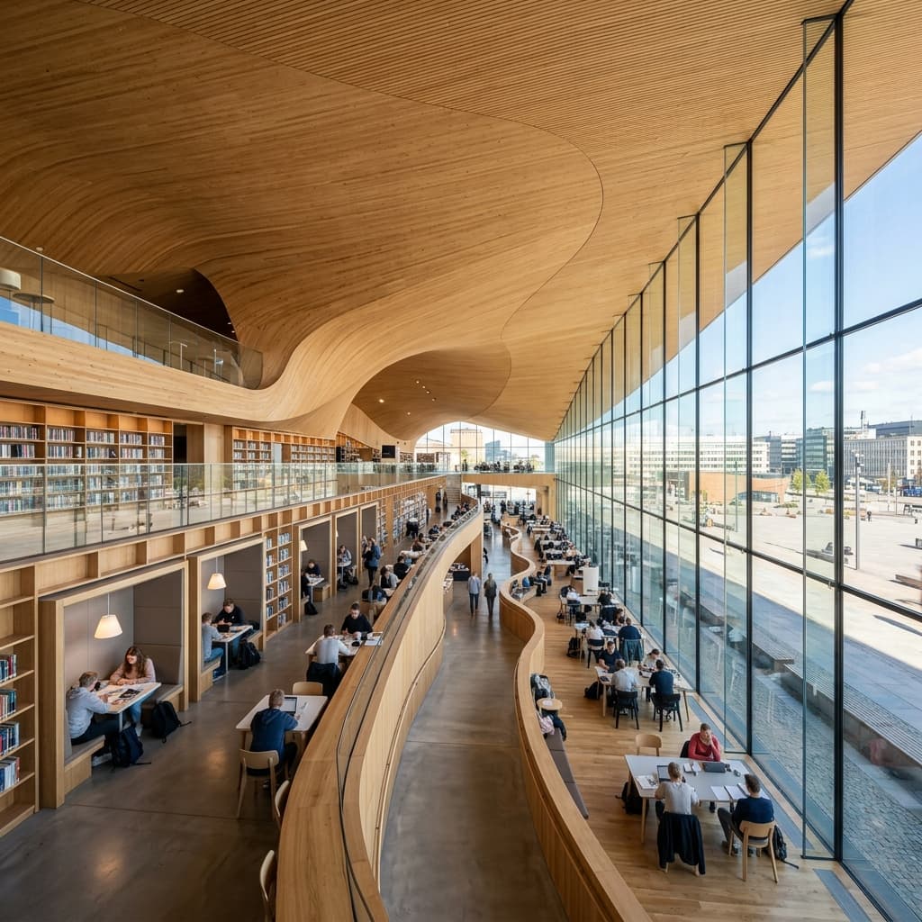 Interior of Oodi Helsinki Central Library, the modern public learning space and venue for the Global Classroom Awards